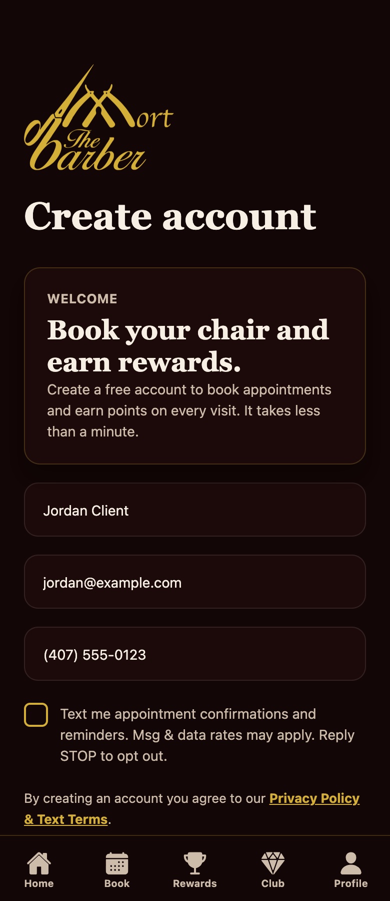 Mort the Barber Create account screen with an unchecked box: Text me appointment confirmations and reminders. Msg and data rates may apply. Reply STOP to opt out.